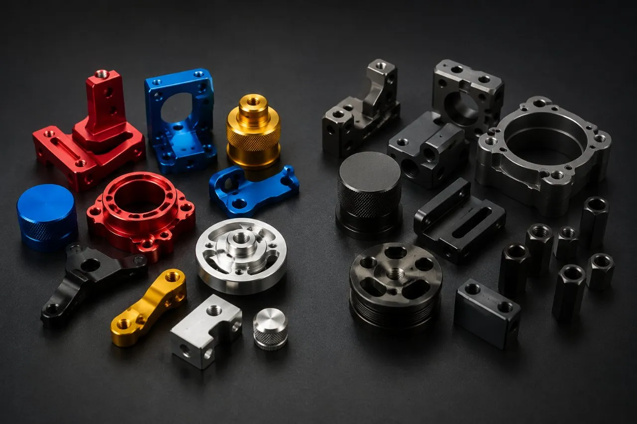 CNC-machined aluminum parts side by side: brightly colored Type II anodized brackets and knobs in red, blue, gold and black on the left; matte gray and black Type III hard-anodized parts on the right.