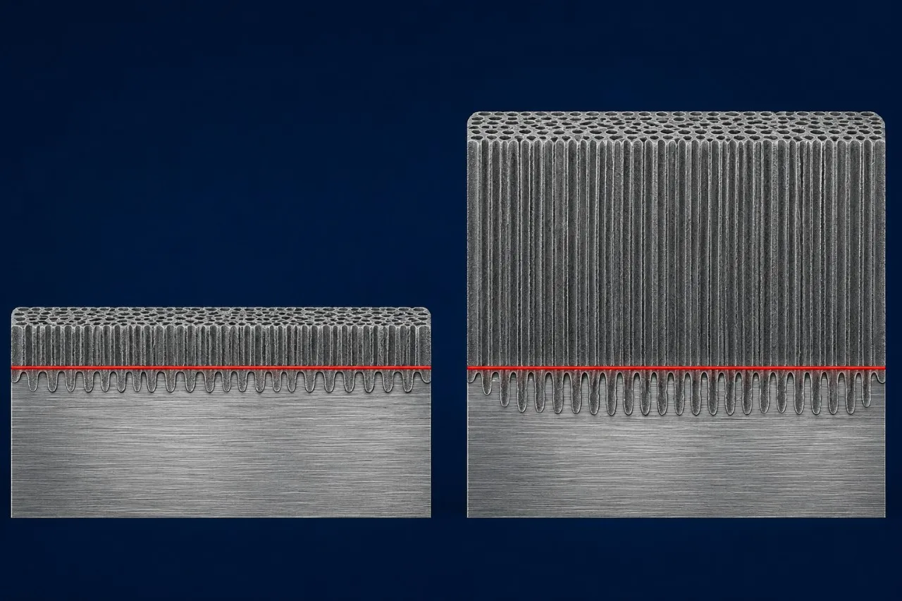 Cross-section illustration of anodized aluminum: a thin porous oxide layer (Type II, left) and a much thicker oxide layer (Type III, right) on an aluminum substrate. A red line marks the original machined surface — oxide grows above it (build-up) and into the metal below it (penetration).