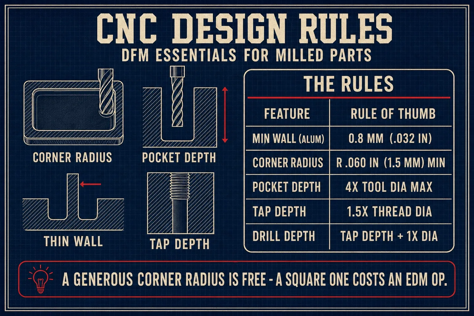 CNC design rules chart: engraved drawings of a pocket with rounded internal corners, a deep pocket cross-section with an endmill, a thin wall cross-section, and a blind tapped hole, beside a table giving minimum aluminum wall 0.8 mm, corner radius R .060 inch minimum, pocket depth 4x tool diameter maximum, tap depth 1.5x thread diameter, and drill depth of tap depth plus 1x diameter.