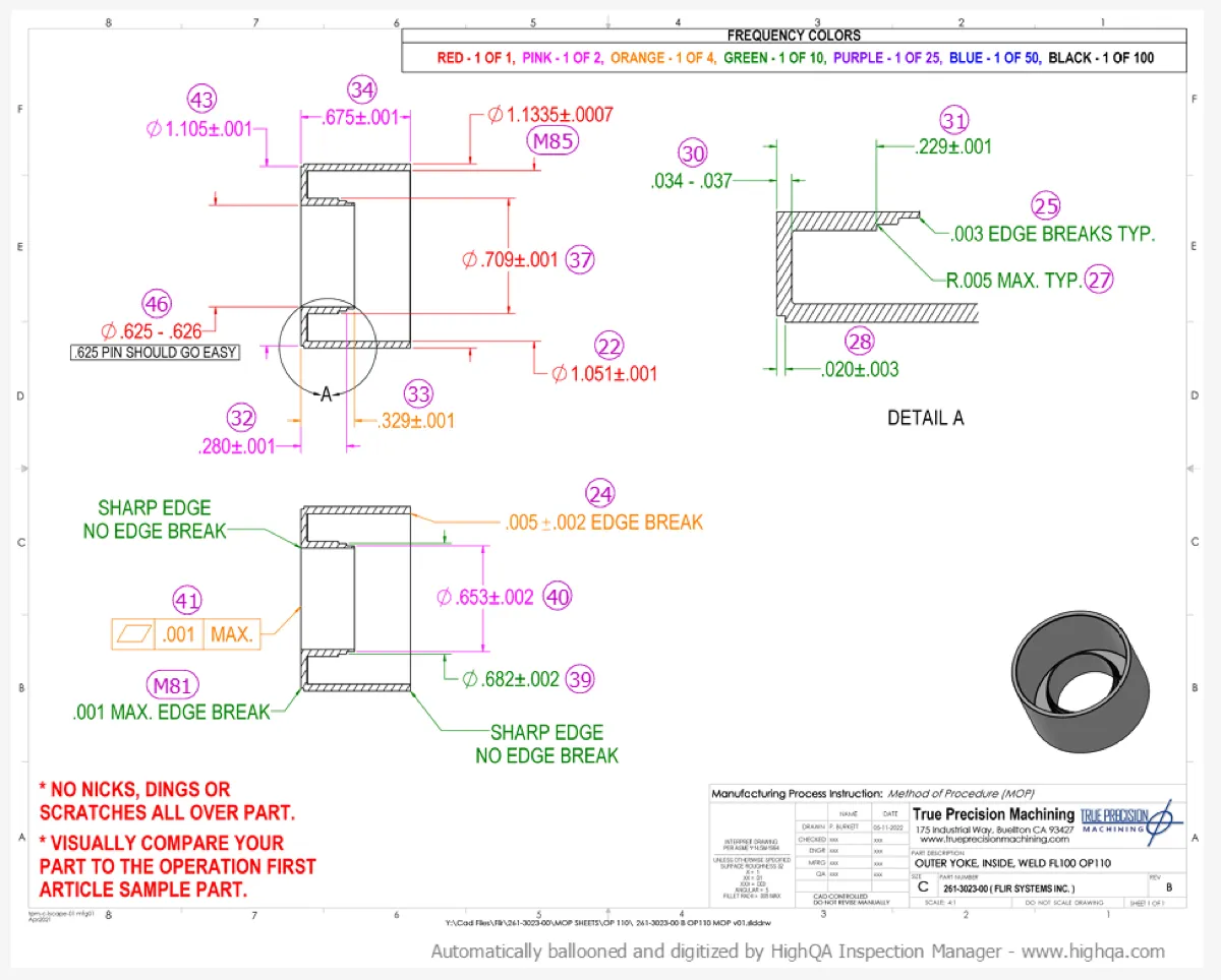 True Precision Machining ballooned AS9102 first-article inspection drawing of a turned ring with Detail A edge-break callouts