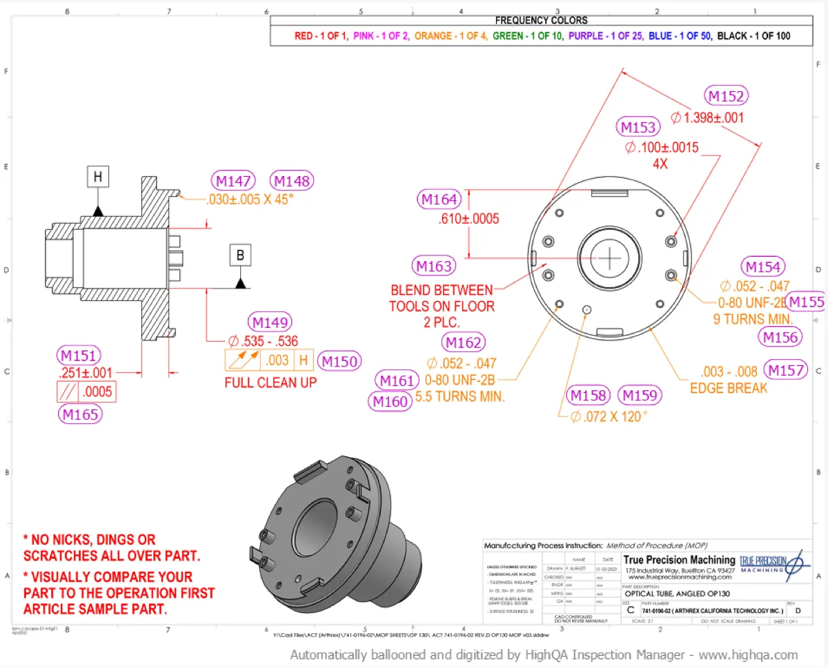 True Precision Machining ballooned AS9102 first-article inspection drawing of a flanged housing — numbered characteristic balloons, GD&T callouts, and shop notes