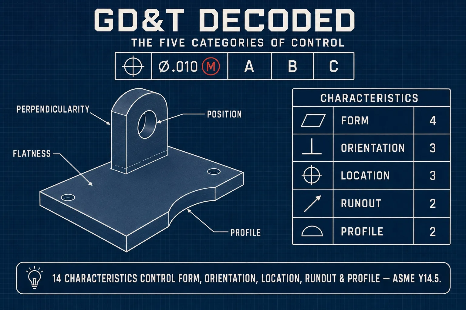 GD&T decoded: an illustrated machined bracket with leaders labeling flatness, perpendicularity, position, and profile; a feature control frame reading position symbol, diameter .010, circled M, datums A B C; and a panel of the five categories — Form 4, Orientation 3, Location 3, Runout 2, Profile 2.