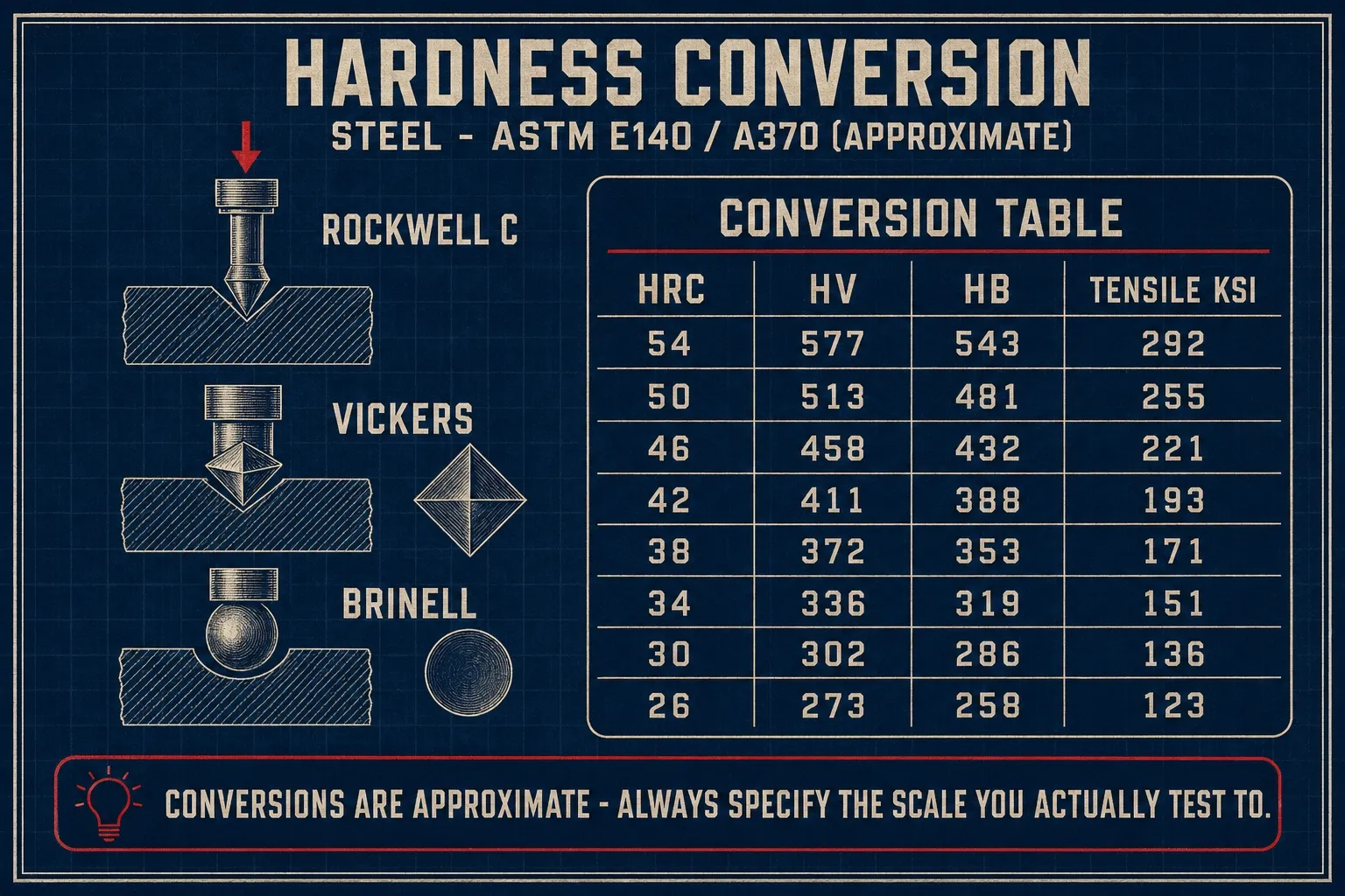 Hardness conversion chart: engraved drawings of a Rockwell C diamond cone, a Vickers four-sided pyramid with its square impression, and a Brinell ball indenter, beside a conversion table listing HRC 54/50/46/42/38/34/30/26 against Vickers, Brinell, and approximate tensile strength in ksi.