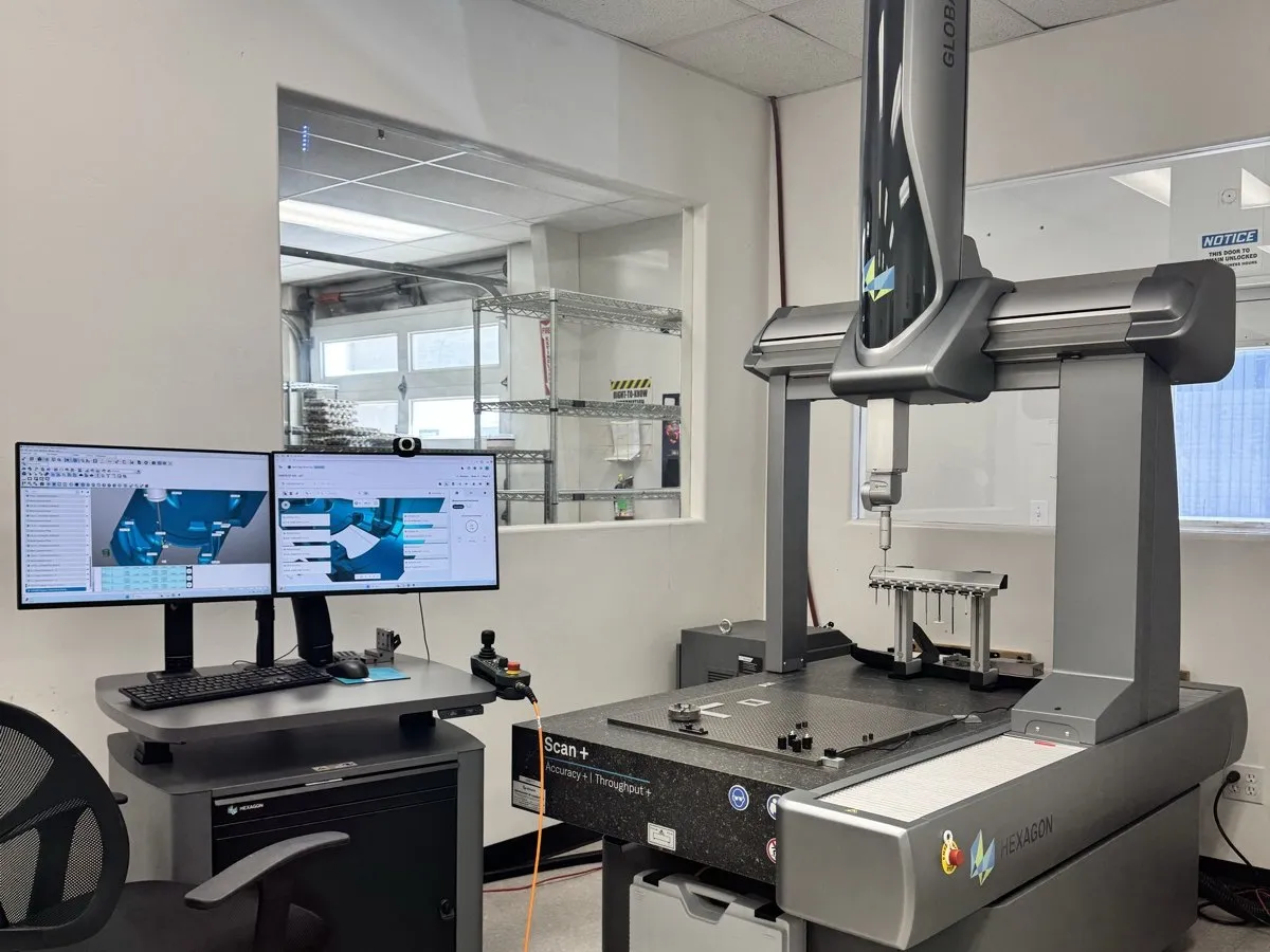 Hexagon Global S CMM with dual-monitor scan workstation in the True Precision inspection room