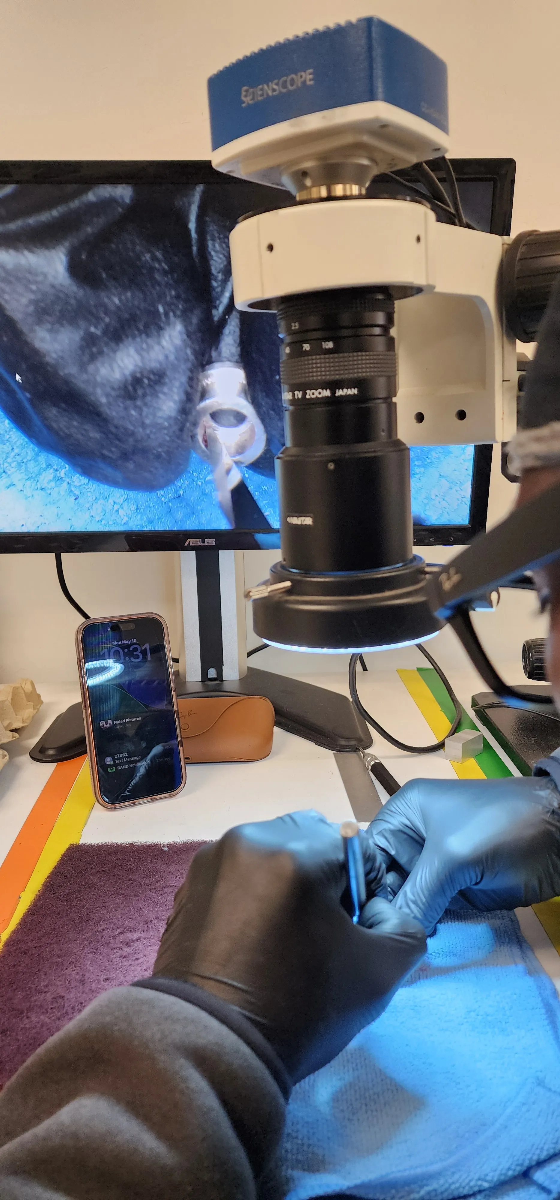 Part inspected under a digital zoom microscope with the magnified surface shown live on-screen