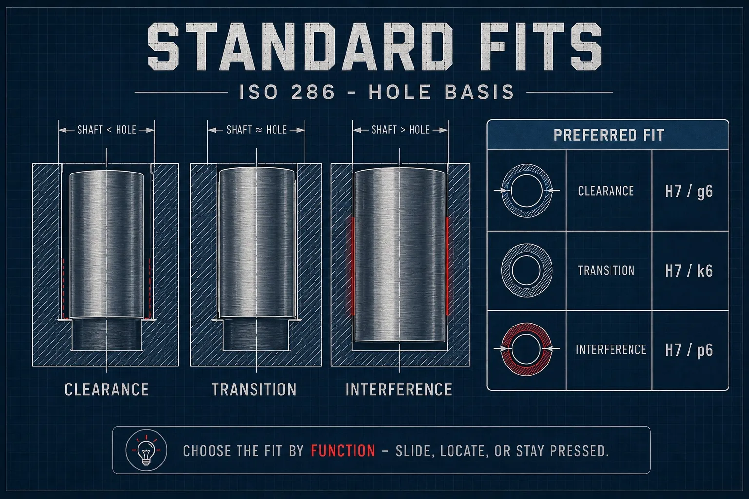 Standard fits practical chart: three shaft-in-hole cross-sections showing a clearance fit (visible gap), a transition fit (near flush), and an interference fit (pressed in, overlap highlighted), with a preferred-fit panel — clearance H7/g6, transition H7/k6, interference H7/p6.