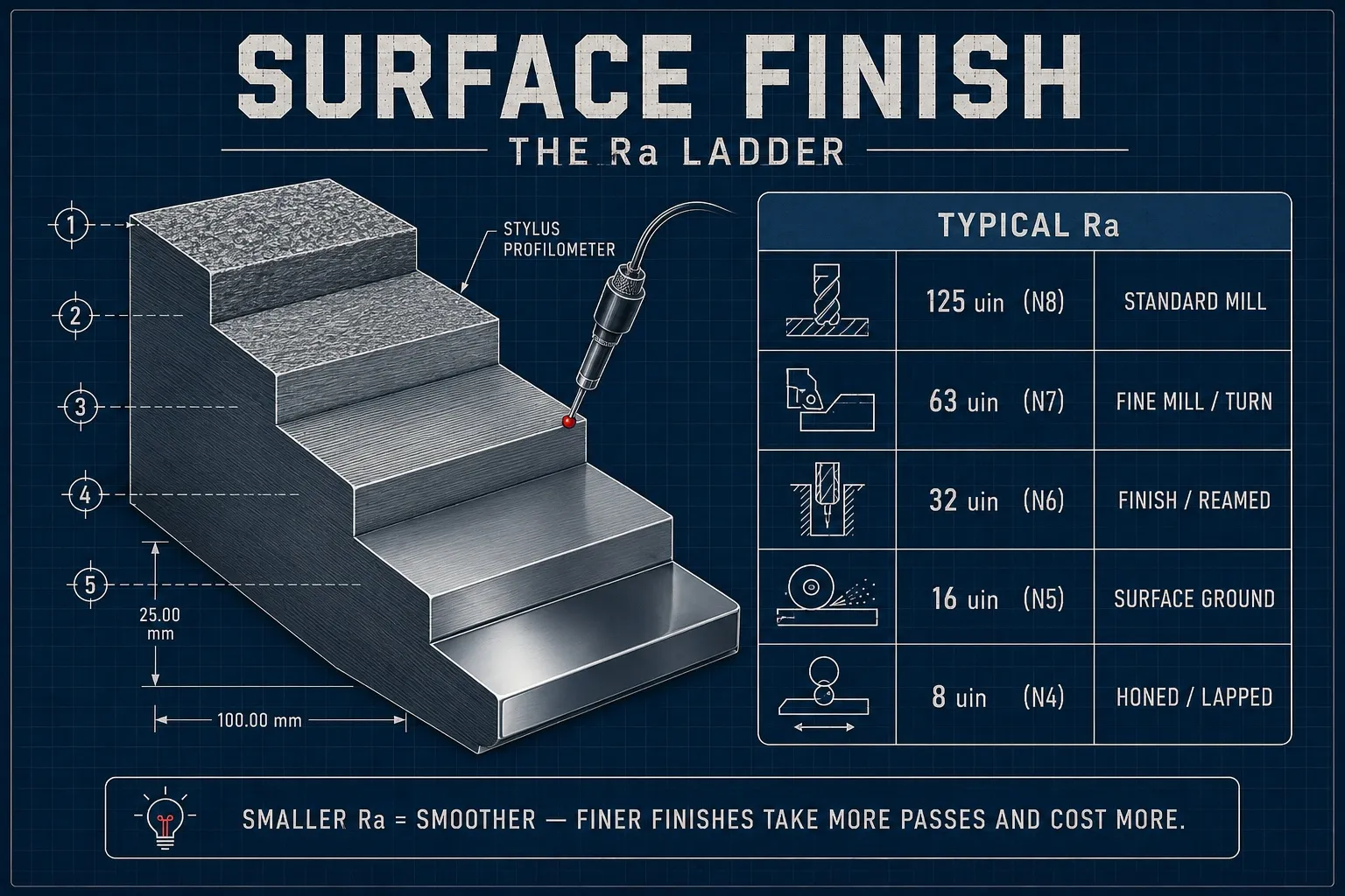 Surface finish Ra ladder: a stepped sample block transitioning from rough machined texture to a mirror polish with a profilometer stylus, and a panel of typical Ra values — 125 microinch (N8) standard mill, 63 (N7) fine mill/turn, 32 (N6) finish/reamed, 16 (N5) surface ground, 8 (N4) honed/lapped.