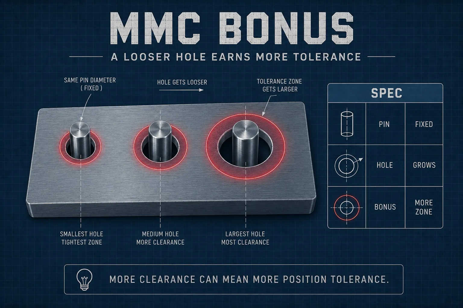 MMC bonus: three holes increasing in diameter left to right, each with a wider crimson tolerance zone, and one fixed-diameter gauge pin clearing all three — a looser hole earns more position tolerance.