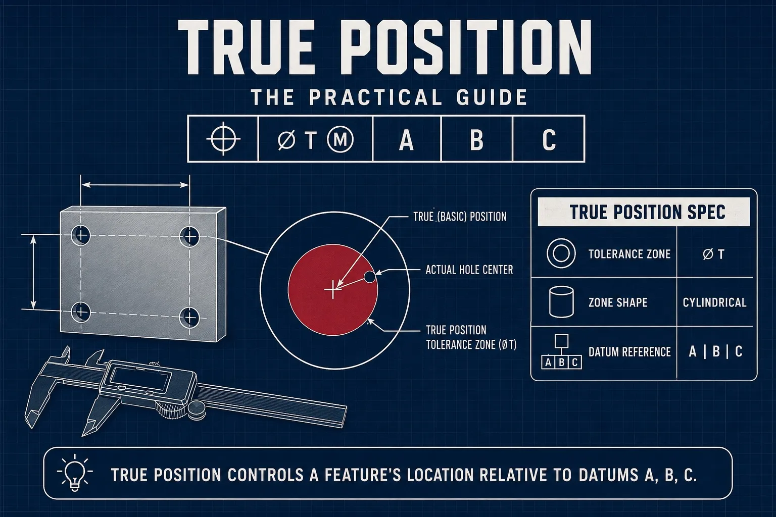 True position practical guide: an illustrated machined plate with a four-hole pattern and a caliper, an enlarged hole showing the round crimson tolerance zone centered on the true (basic) position with the actual hole center offset inside it, a feature control frame, and a spec panel listing tolerance zone diameter T, cylindrical zone shape, and datum reference A B C.