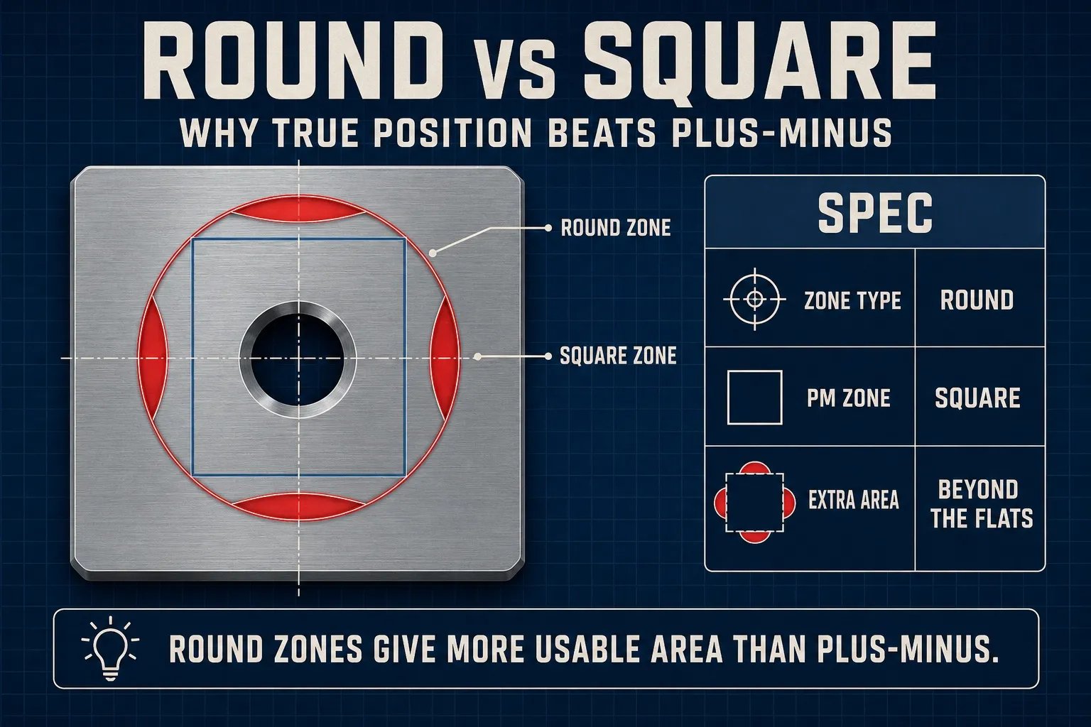 Round versus square: on a machined surface, a crimson round position tolerance zone circumscribes a smaller blue square plus-minus coordinate zone, touching its four corners; the extra crescent areas show the round zone gives more usable area than plus-minus.